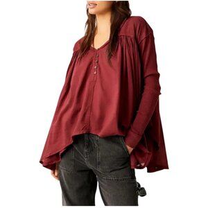 Free People We The Free Lyrical Flowy Tunic Top Ribbed Sleeves Burgundy Size S
